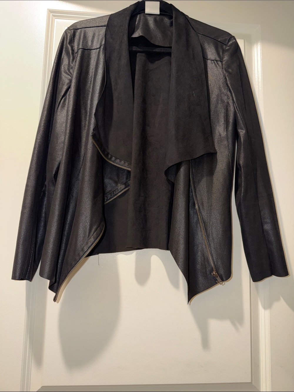 Mote Black Faux-Leather Draped Jacket